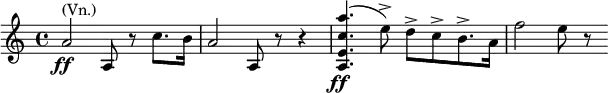 \relative a'{\key a \minor \time 4/4 a2_\markup{\dynamic \center-align ff}^\markup{(Vn.)} a,8 r c'8. b16 a2 a,8 r r4 <a e' c' a'>4.(_\markup{\dynamic \center-align ff} e''8->) d->[ c-> b8.-> a16] f'2 e8 r}