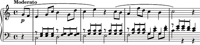 
 \relative c' {
  \new PianoStaff <<
   \new Staff { \key c \major \time 4/4 \partial 4 \tempo "Moderato"
\relative c'' {g8( f e4 g8 c b4 g8 d' c4 e) r c8( b a4 f'8 d c4 b c2) r4
}
  }
\new Dynamics {s4\p}
   \new Staff { \key c \major \time 4/4 \clef bass \partial 4
\relative c {r4
<<
{r8 <e g>-.[ q-. q-.] r <f g>-.[ q-. q-.] r <g c>-.[ q-. q-.] r <g c>-.[ q-. q-.] r <a d>-.[ q-. q-.] \stemDown g[ <c e>-.] g <d' f>-. \stemUp r <e g>-.[ q-. <d f>-.] <c e>4}
\\
{c,2 d e e f \stemUp g4 g \stemDown c r r}
>>
   }}
  >>
 }
