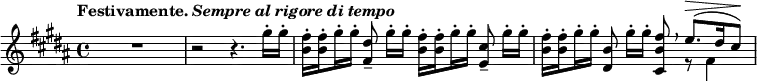 
\relative c''' {
 \set Score.tempoHideNote = ##t 
 \tempo \markup { Festivamente. \italic { Sempre al rigore di tempo } } 4=70 \key b \major \time 4/4
 \set subdivideBeams = ##t
 \set baseMoment = #(ly:make-moment 1 8)
 \set beatStructure = #'(2 2 2 2)
 R1 r2 r4. gis16-. gis-. <fis b,>-. q-.
 gis-. gis-. <dis fis,>8-- gis16-.[ gis-.] <fis b,>-. q-. gis-. gis-. <cis, e,>8-- gis'16-.[ gis-.]
 <fis b,>-. q-. gis-. gis-. <b, dis,>8 gis'16-.[ gis-.] <fis b, cis,>8 \breathe
 << { e8.^\> [ ( dis16 cis8\!) ] } \\ { r8 fis,4 } >>
}
