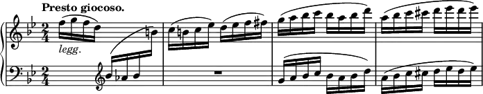 \relative c'' {
\new PianoStaff <<
\new Staff = "R" { \key bes \major \time 2/4 \set Score.tempoHideNote = ##t \tempo "Presto giocoso." 4=160
f16_\markup \italic legg. ( g f d) s4 c16( b c es) d( es f fis)
g( a bes c bes a bes d) a( bes c cis d es d es)
}
\new Staff = "L" { \key bes \major \time 2/4 \clef bass
s4 \clef treble bes,16 ( aes bes \change Staff = "R" b)
\change Staff = "L" R2 g16( a bes c bes a bes d) a( bes c cis d es d es)
}
>>
}