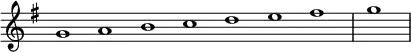 \relative c'' {
\new Staff \with { \remove "Time_signature_engraver" }
{ \key g \major \time 1/1 \cadenzaOn g1 a b c d e fis \bar "|" g \bar"|"}
}