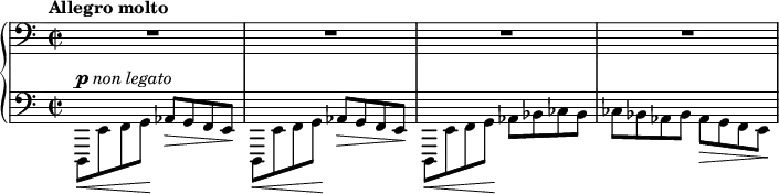 \relative c,, {
\new PianoStaff <<
\new Staff { \key c \major \set Score.tempoHideNote = ##t \tempo "Allegro molto" 2=124 \time 2/2 \clef bass
R1 R R R
}
\new Dynamics {
s4-\markup{ \dynamic p \italic { non legato } }
}
\new Staff { \key c \major \time 2/2 \clef bass
\stemDown d8_\< e' f g\! \stemUp aes_\> g f e\! \stemDown d,_\< e' f g\! \stemUp aes_\> g f e\!
\stemDown d,_\< e' f g\! aes bes ces bes ces bes aes bes aes_\> g f e\!
}
>>
}
