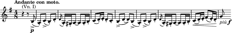 \relative c' \new Staff {
\key g \major \time 4/8 \tempo "Andante con moto."
\override Score.NonMusicalPaperColumn #'line-break-permission = ##f
r4^\markup { (Vn. I) } r8 b8\p ->( a-.) c->( b-.) d-. \acciaccatura d a16-. gis-. a8~ a a16-. b-.
c8( d16-.) e-. d8-. c-. b-> ( d~ d) b->(
a-.) c->( b-.) d-. \acciaccatura d a16-. gis-. a8~ a a16-. b-.
c8\< ( d16-.) e-. fis8( e16-.) d-. g8 \! _\markup { \italic più \dynamic f}
}