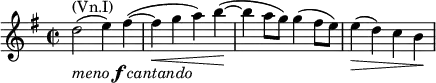 \relative e'' { \key e \minor \time 2/2 d2^\markup { (Vn.I)}_\markup { \italic { meno } \dynamic f \italic { cantando } }( e4) fis~( | fis\< g a) b\!~( | b a8 g) g4( fis8 e) | e4\>( d) c b\! }