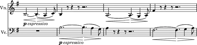 <<
\relative c' \new Staff
\with { instrumentName = "Vn." }
\with { \remove "Time_signature_engraver" }
{ \key e \minor \time 12/8 \set Score.tempoHideNote = ##t \tempo "" 4.=80
b2.~ _\markup { \dynamic p \italic espressivo } \< b4. \>( a4 c8\! ) b4 r8 r4 r8 r2.
a2.~ \< a4.\> ( g4 a8\! ) fis'4 r8 r4 r8 r2.
}
\relative c' \new Staff
\with { instrumentName = "Vc." }
\with { \remove "Time_signature_engraver" }
{ \key e \minor \time 12/8 \clef bass
R1. b2.~ _\markup { \dynamic p \italic espressivo } \< b4.\> ( a4 g8\! ) a4 r8 r4 r8 r2.
fis2.~ \< fis4.\> ( g4 a8\! )
}
>>