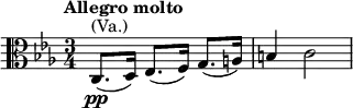 \relative g, { \clef alto \key c \minor \time 3/4\tempo "Allegro molto" c8.^\markup { (Va.)}\pp( d16) es8.( f16) g8.( a16) | b4 c2 }