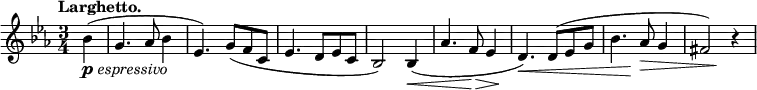 \relative c' { \key es \major \time 3/4 \tempo "Larghetto." \partial 4
bes'4_\markup { \dynamic p \italic espressivo }( g4. aes8 bes4 es,4.)
g8( f c es4. d8 es c bes2) bes4\<( aes'4. f8\> << es4 { s8 s8\! } >>
d4.\<) d8( es g << bes4. { s4 s8\! } >> aes8\> g4 << fis2) { s4 s4\! } >> r4
}