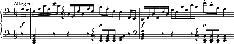 
 \relative c' {
  \new PianoStaff <<
   \new Staff { \key c \major \time 6/8 \tempo "Allegro." \partial 8 \clef bass
    g16 f | e g c g e' c \clef treble g' e c' g e' c | g'8-. e-. c-. b4-.
    d,16 c b d g d b' g d' b g' d b' g d'8-. b-. f-. e4-.
   }
   \new Dynamics {
    s8\f s2. s\p s\f s2\p
   }
   \new Staff { \key c \major \time 6/8 \clef bass \partial 8
    r8 <c,, g e c>4 r8 r4 r8 \clef treble <g'' e c>8 <g e c> <g e c> <g f d>4 r8 \clef bass
    <g, d b g>4 r8 r4 r8 \clef treble <g' d b>8 <g d b> <g d b> <g e c>4
   }
  >>
 }
