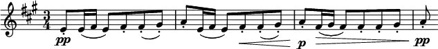 \relative c' {
\new PianoStaff <<
\new Staff
{ \key a \major \time 3/4
e8\pp-. e16-( fis e8-) fis-. fis-.-( gis-.-)
a8-. e16-( fis e8-) fis-.\< fis-.-( gis-.-)
a8\p-. fis16-(\> gis fis8-) fis-. fis-. gis-. a\pp-. }
>> }