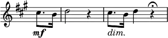 \relative c' \new Staff \with { \remove "Time_signature_engraver" } { \key a \major \time 3/4 \partial 4
cis'8.\mf b16 d2 r4 cis8.\dim b16\! d4 r\fermata }