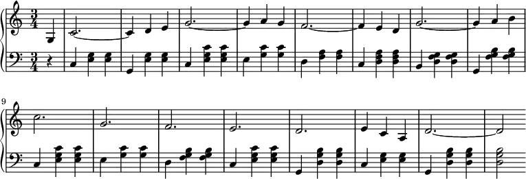 \relative b' {
\new PianoStaff <<
\new Staff { \key a \minor \time 3/4 \partial 4
\set Score.tempoHideNote = ##t
\tempo "" 2. = 56
g, c2.~ c4 d e g2.~ g4 a g f2.~ f4 e d g2.~ g4 a b c2. g f e d e4 c a d2.~ d2
}
\new Staff { \key a \minor \time 3/4 \clef bass \partial 4
r4 c,4 <e g> <e g> g, <e' g> <e g> c <e g c> <e g c> e <g c> <g c> d <f a> <f a> c <d f a> <d f a> b <d f g> <d f g> g, <f' g b> <f g b> c <e g c> <e g c> e <g c> <g c> d <f g b> <f g b> c <e g c> <e g c> g, <d' g b> <d g b> c <e g> <e g> g, <d' g b> <d g b> <d g b>2
}
>>
}