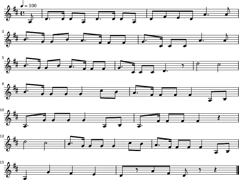 
\relative {
    \set Staff.midiInstrument = #"piano"
	\key d \major
	\time 4/4
	\tempo 4 = 100
    \partial 8
    \new Voice \relative c' {
	a8 d8. d16 d8 a8 d8. d16 d8 a8 d8 fis8 e8 d8 a'4. a8 \bar "|" \break
    b8. g16 g8 b8 a8. fis16 fis8 fis8 g8. cis,16 cis8 cis8 a'4. a8 \bar "|" \break
    b8. g16 g8 b8 a8. fis16 fis8 fis8 g8. cis,16 cis8 cis8 d4. r8 d'2 cis2 \bar "|" \break
    b8. g16 g8 g8 g4 cis8 b8 a8. fis16 fis8 fis8 fis4 a,8 b8 \bar "|" \break
    a8. g'16 g8 g8 g4 a,8 b8 a8. fis'16 fis8 fis8 fis4 r4 \bar "|" \break
    d'2 cis2 b8. g16 g8 g8 g4 cis8 b8 a8. fis16 fis8 fis8 fis4 a,8 b8 \bar "|" \break
    a4 g'4 fis4 e4 d8[ r8 a'8 fis8] d8 r8 r4 \bar "|."
    }
}
