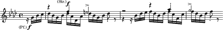 {\time 4/4 \key f \minor \partial 4 <<\relative c'' {s4 r4 f-.^\f^\markup{\right-align \smaller (Str.)} e2-> r2 r4 as-. g2->} \\ \relative c'' {r16_\markup{\right-align {\smaller (Pf.) \dynamic f}} g bes c | des bes g bes des as des, as' des bes g bes des8-. r8 r4 r16 bes des es f des bes des f c f, c' f des bes des f8-. r}>>}