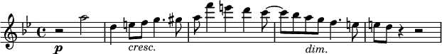 {
\new PianoStaff <<
\new Staff \relative a'' {
\set Staff.midiInstrument = #"string ensemble 1" \key bes \major \clef treble \time 4/4 \set Score.tempoHideNote = ##t \tempo 4 = 50
r2 \p a2 | % 2
d,4 e8_\markup { \italic cresc. } f8 g4. gis8 | % 3
a8 f'4 e4 d4 c8 ~ | % 4
c8 bes8 a8 _\markup { \italic dim. } g8 f4. e8 | % 5
e8 d8 r4 r2
}
>>
}