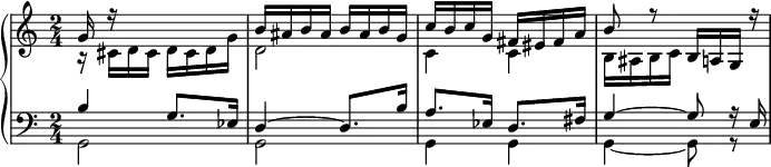 \new PianoStaff <<
\new Staff {\time 2/4 <<\relative c''{g16 r s8 s4 b16 ais b ais b ais b g c b c g fis eis fis a b8 r b,16 a g r} \\ \relative c'{r16 cis d cis d cis d g d2 c4 c b16 ais b c s4}>>}
\new Staff {\clef bass <<\relative c'{b4 g8. es16 d4~ d8. b'16 a8. es16 d8. fis16 g4~ g8 r16 e} \\ \relative c {g2 g g4 g g~ g8 r}>>}
>>