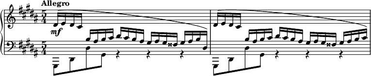 
\relative c' {
  \new PianoStaff <<
   \new Staff = "R" { \key gis \minor \time 5/4 \set Score.tempoHideNote = ##t \tempo "Allegro" 4=176
    \stemUp dis16^( e dis cis \change Staff = "L" b ais b cis dis cis b ais gis ais gis fisis gis ais b dis,)
    \change Staff = "R" dis'^( e dis cis \change Staff = "L" b ais b cis dis cis b ais gis ais gis fisis gis ais b cis)
   }
   \new Dynamics {
    s8\mf
   }
   \new Staff = "L" { \key gis \minor \time 5/4 \clef bass
    \stemDown gis,,8[ dis' dis' gis,] g4\rest r r gis,8[ dis' dis' gis,] g4\rest r r
   }
  >>
 }
