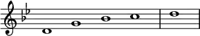 \relative c' {
\new Staff \with { \remove "Time_signature_engraver" }
{ \key g \minor \time 1/1 \cadenzaOn d1 g bes c \bar "|" d \bar"|"}
}