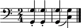 \relative {\clef bass \time 2/4
<g, \parenthesize g'>-. <g \parenthesize g'>-. |<g \parenthesize g'>_( <g' c,>) \bar "|."
}