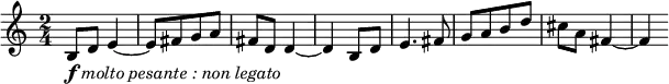
\relative c' {
\key c \major
\time 2/4
\tempo ""
\tempo 4 = 140
b8_\markup{ \musicglyph #"f" \italic "molto pesante : non legato" } d e4~
e8 [ fis g a ]
fis d d4~
d b8 d
e4. fis8
g [ a b d ]
cis a fis4~
fis
}
