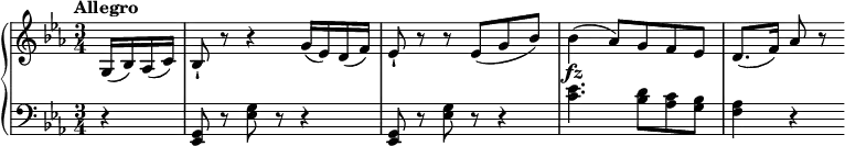 
 \relative c' {
  \new PianoStaff <<
   \new Staff { \key es \major \time 3/4 \partial 4 \set Score.tempoHideNote = ##t \tempo "Allegro" 4=132
    g16 (bes) aes (c) bes8-! r r4 g'16 (es) d (f) es8-! r r es (g bes) bes4 (aes8) g f es d8.( f16) as8 r
     }
   \new Dynamics {
    s1 s2. s4\fz
   }
   \new Staff { \key es \major \time 3/4 \partial 4\clef bass
    r4 <g,, es>8 r <g' es> r r4 <g, es>8 r <g' es> r r4 <es' c>4. <d bes>8 <c aes> <bes g> <as f>4 r
   }
  >>
 }
