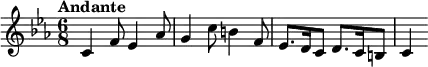 
\relative c' { \set Score.tempoHideNote = ##t \tempo "Andante" 4=70 \key c \minor \time 6/8
 c4 f8 es4 aes8 g4 c8 b4 f8 es8. d16 c8 d8. c16 b8 c4
}
