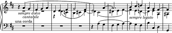 \relative c' {
\new PianoStaff <<
\new Staff \with { \remove "Time_signature_engraver" } { \key d \major \time 3/4
<<
{
\override TextScript #'whiteout = ##t
b'4\rest_\markup { \italic { sempre dolce } }
a_\markup { \italic cantabile }( g fis g a d, e fis g2 fis4 e2) a4~ a2. b4_\markup { \italic { sempre legato } } cis d! a g fis~ fis
}
\\
{ R2*3/2 R r4 d( c b cis! d)~ d cis2( dis4 e fis)~ fis e d!~ d e a, ais }
>>
}
\new Staff \with { \remove "Time_signature_engraver" } { \key d \major \time 3/4 \clef bass
R2*3/2^\markup { una corda } R R R r4 a( g fis g a)~a g fis b cis, d g,
}
>>
}