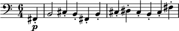 \relative c' {
\key c \major \clef bass
\time 6/4
\tempo ""
\tempo 4 = 360
\partial 4 fis,,-.\p
b2 cis4-. b-. fis-. b-. cis-. dis-. cis-. b-. cis-. fis-.
}