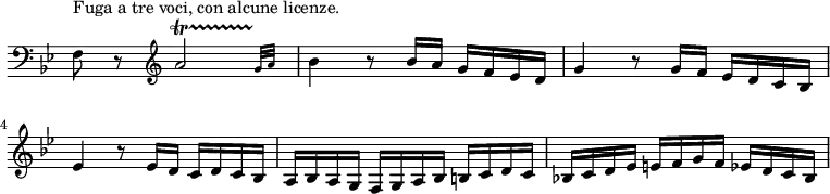 
 \relative c' \new Staff \with { \remove "Time_signature_engraver" } { \key bes \major \time 3/4 \clef bass
  #(define afterGraceFraction (cons 11 12))
  f,8^\markup { Fuga a tre voci, con alcune licenze. } r \clef treble \afterGrace a'2\startTrillSpan { s2 g32\stopTrillSpan[ a] }
  bes4 r8 bes16 a g f es d g4 r8 g16 f es d c bes es4 r8 es16 d c d c bes a bes a g f g a bes b c d c bes! c d es e f g f es d c bes
 }
