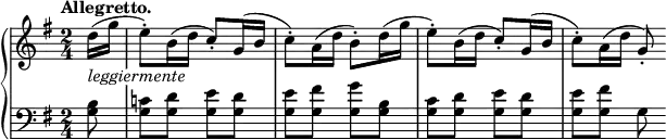 \relative c'' {
\new PianoStaff <<
\new Staff {
\key g \major \time 2/4 \set Score.tempoHideNote = ##t \tempo "Allegretto." 4=90 \partial 8
\override TextScript #'whiteout = ##t
d16( _\markup \italic leggiermente g e8-.) b16( d c8-.) g16( b c8-.) a16( d b8-.) d16( g
e8-.) b16( d c8-.) g16( b c8-.) a16( d g,8-.)
}
\new Staff { \key g \major \time 2/4 \clef bass
<b, g>8 <c! g> <d g,> <e g,> <d g,> <e g,> <fis g,> <g g,> <b, g>
<c g> <d g,> <e g,> <d g,> <e g,> <fis g,> g,
}
>>
}