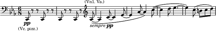\relative c, {\clef bass \time 6/8 \key c \minor c8\pp_\markup{\right-align \smaller {(Vc. pizz.)}} r r c r r c r r c r \clef treble as''~(^\markup{\center-align \smaller {(Vn1. Va.)}}_\markup{\italic sempre \dynamic pp} as4 c8~ c4 es8~ es4 as8~ as4) c8~( c4 d8 es4.~ es4) c8( b c d)}