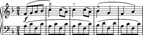 
 { \new PianoStaff <<
    \new Staff = "RH" \relative c' { \clef treble \key f \major  \time 2/4
      f8-\f([ g a bes ] | c4-.--^^) c8( a8) | c4-_c8( a8) | bes4^^( g | f a) | }
    \new Staff = "LH" \relative c' { \clef bass \key f \major  \time 2/4 
      a8([ c f, c'] | a[ c f, c'] | a[ c f, c']) | bes([ d f, d'] |  a[ c f, c']) |} 
   >> }
