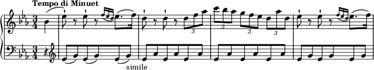 
 \relative c' {
  \new PianoStaff <<
   \new Staff { \key es \major \time 3/4 \tempo "Tempo di Minuet" \partial 4
    bes' (es8-!) r es-! r \grace {f16 (es d} es8.) (f16) d8-! r d-! r \times 2/3 {d f aes} \times 2/3 {c bes aes} \times 2/3 {g f es}  \times 2/3 {d aes' d,} es8-! r es-! r \grace {f16 (es d} es8.) (f16)
     }
   \new Staff { \key es \major \time 3/4 \clef bass \partial 4
    r4 \clef treble es,8 (g) es (g) es (g) _\markup {simile} es\! aes es aes es aes es aes es aes es aes es g es g es g
     }
     >>
    }
