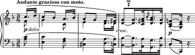 
\relative c'' {
  \new PianoStaff <<
   \new Staff {
    \key f \major \time 3/8 \set Score.tempoHideNote = ##t
    \tempo "Andante grazioso con moto." 4=60 \partial 8
    <<
     { c16.( d32 c8[ bes] a16. bes32 a8[ g] f16. fis32) }
    \\
     { f8 g4 c,8 e4 d16. d32 }
    >>
     <g d_~>8 ^\markup
      \tiny \override #'(baseline-skip . 1) {
       \halign #-4
       \center-column {
        \musicglyph #"scripts.turn"
        \sharp
       }
     }
    q16. <a fis c>32
    \shape #'((0 . 1) (0 . 1.8) (0 . 2) (0 . 3)) Slur 
    \slashedGrace c8( <bes g d>16.) <g d>32
    \shape #'((0.5 . -3.6) (0 . -3.8) (0 . -4.4) (-1.4 . -3.8)) PhrasingSlur 
    <f! c~ a>8^\( _( <e c g>16\) ) b'\rest
   }
   \new Dynamics {
    \override TextScript #'whiteout = ##t
    s8^\markup { \dynamic p \italic dolce } s4. 
    s4 s16. s64 s^\markup \italic cresc. s4.\! s\p
   }
   \new Staff {
    \key f \major \time 3/8 \clef bass
    <c, a>8( <c e,>4 <a f>8 <a cis,>4 <a d,>16. <a c,>32)
    <bes bes,>8~ q16. <a a,>32 <g g,>16. <bes bes,>32 c,8( c,16) r
   }
  >>
 }
