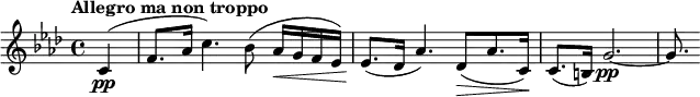 
\relative c' {
 \set Score.tempoHideNote = ##t \tempo "Allegro ma non troppo" 4=112 \key f \minor \time 4/4 \partial 4
 c\pp ( f8. aes16 c4.) bes8( aes16\< g f es) 
 es8.\! ( des16 aes'4.) des,8\> ( [ aes'8. c,16\! ] ) c8.( b16) g'2.\pp ~ g8.
}

