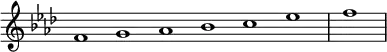 \relative c' {
\new Staff \with { \remove "Time_signature_engraver" }
{ \key f \minor \time 1/1 \cadenzaOn f1 g aes bes c ees \bar "|" f \bar"|"}
}