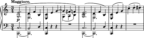 \relative c' {
\new PianoStaff <<
\new Staff { \key c \major \time 3/4 \tempo "Maggiore."
<<
{
<e g,>2.( d4 f b, <c e,> e g~ g fis f)
<e c g>2.( d4 f b,) <c e,>-.( e-. g-.) \stemDown c-.( d-. dis-.) }
\\
{ s2. f,,2. s g4( a b) s2. f2. }
>>
}
\new Dynamics {
s2.\p
}
\new Staff { \key c \major \time 3/4 \clef bass
<<
{
\override MultiMeasureRest #'staff-position = #2
c2. b2 d4 <c c,> d\rest d\rest R2*3/2 c2. b2 d4 <c c,> d\rest d\rest R2*3/2
}
\\
{ c,2.~ c s s c~ c }
>>
}
>>
}