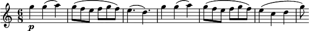 \relative c' {
\key c \major
\time 6/8
\tempo ""
\tempo 4 = 220
g''4\p g ( a )
g8 ( f e f g f )
e4. ( d )
g4 g ( a )
g8 ( f e f g f )
e4 ( c d
g8 )
}