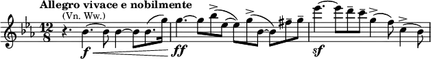 \relative c'' {
\key es \major
\tempo "Allegro vivace e nobilmente"
\time 12/8
r4.^\markup{\smaller {(Vn. Ww.)}} bes4.\f\< ~ bes8 bes4 ~ bes8 bes8.( g'16\!) g4.\ff ~ g8 bes->( es, ~ es) g->( bes, ~ bes) fis'-- g-- es'4.\sf ~ es8 d-- c-- g4->( f8) c4->( bes8)}
