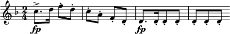 
\relative c' {
\key f \major
\time 2/4
\tempo ""
\tempo 4 = 152
\set Staff.midiInstrument = "violin"
c'8.->\fp d16 f8-. d-.
c-. a-. f-. d-.
d8.\fp [ d16-. d8-. d-. ]
d-. [ d-. d-. ]
}
