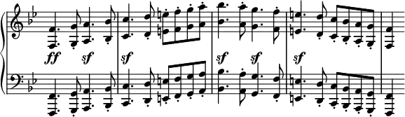 \relative c' {
\new PianoStaff <<
\new Staff \with { \remove "Time_signature_engraver" } { \key bes \major \time 4/4
<f f,>4. <g g,>8-. <a a,>4. <bes bes,>8-. <c c,>4. <d d,>8-. <e e,>-. <f f,>-. <g g,>-. <a a,>-.
<bes bes,>4. <a a,>8-. <g g,>4. <f f,>8-. <e e,>4. <d d,>8-. <c c,>-. <bes bes,>-. <a a,>-. <g g,>-. <f f,>4
}
\new Dynamics {
s2\ff s\sf s\sf s s\sf s\sf s\sf
}
\new Staff \with { \remove "Time_signature_engraver" } { \key bes \major \time 4/4 \clef bass
<f,, f,>4. <g g,>8-. <a a,>4. <bes bes,>8-. <c c,>4. <d d,>8-. <e e,>-. <f f,>-. <g g,>-. <a a,>-.
<bes bes,>4. <a a,>8-. <g g,>4. <f f,>8-. <e e,>4. <d d,>8-. <c c,>-. <bes bes,>-. <a a,>-. <g g,>-. <f f,>4
}
>>
}