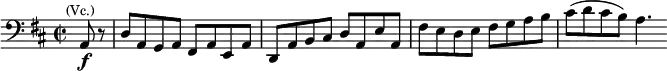 \relative c { \clef bass \key d \major \time 2/2 \partial 4*1 a8\f^\markup{\smaller \center-align (Vc.)} r d a g a fis a e a d, a' b cis d a e' a, fis' e d e fis g a b cis( d cis b) a4. }