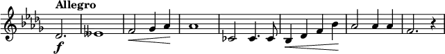 
\relative c' \new Staff \with { \remove "Time_signature_engraver" } {
 \set Score.currentBarNumber = #5 \bar ""
 \key bes \minor \set Score.tempoHideNote = ##t \tempo "Allegro" 4=90 \time 4/4 \partial 2.
  des2.\f eses1 f2\< ges4 aes\! aes1
  ces,2 ces4. ces8 bes4\< des f bes\! aes2 aes4 aes f2. r4
}
