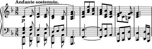 
\relative c' {
  \new PianoStaff <<
   \new Staff { \key f \major \time 3/8 \set Score.tempoHideNote = ##t \tempo "Andante sostenuto." 4=100
    <<
     {
      c4( d8 <f c>4 <e c>8 <d bes>4 <c a>8 <a'f c a>4.)
      <a f c>8( <f' c a> <d bes f> <c a f> <bes e, c> <a f c> <g f>4 q8 <g e c>4.
     }
    \\
     { s4.\p s s s s s d8 c b s4. }
    >>
   }
   \new Staff { \key f \major \time 3/8 \clef bass
    <<
     {
      <a f c>4 <bes f>8 f4 g8 d e f <f, f,>4.
      <f'~ f,_~>4. <f f,>8 <g g,> a, <bes bes,> <c c,> <d d,> <c c,>4 <d d,>16 <bes bes,>
     }
    \\
     { <f f,>4 <bes bes,>8 <a a,>4 <c c,>8 <g g,>4 <a a,>8 }
    >>
   }
  >>
 }
