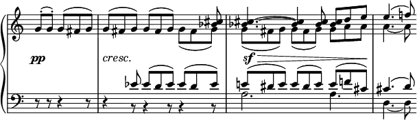 \relative c' {
\new PianoStaff <<
\new Staff \with { \remove "Time_signature_engraver" } { \key c \major \time 9/8 \partial 4*5/2
\set tieWaitForNote = ##t
<<
{
g'8-.( g-.) g( fis g) | g( fis g) g( fis g) \voiceTwo g( fis g) |
g( fis g) g( fis g) g a a | a4.~ a8
}
\\
{ s4*5/2 s1 \voiceOne <cis bes>8 <cis~ bes~>4. <cis bes>4 <cis bes>8 <cis bes> d e e4.( f!8) }
>>
}
\new Dynamics {
s8\pp s2 s8\cresc s8\! s8 s2. s8\sf ^\> s2. s8 s8\!
}
\new Staff \with { \remove "Time_signature_engraver" } { \key c \major \time 9/8 \clef bass
<<
{ s4*5/2 s4 es,8 es( d es) es( d es) e!( dis e) e( dis e) e( f! cis) cis4.( d8) }
\\
{ d,8\rest d\rest d4\rest d8\rest d4\rest b8\rest b4\rest b8\rest b4\rest b8\rest a'2. a4. d,4.~ d8 }
>>
}
>>
}