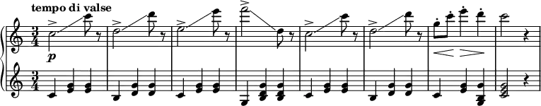 \new PianoStaff <<
\new Staff = "right" \with {
midiInstrument = "acoustic grand"
} \relative c'' {
\key c \major
\numericTimeSignature
\time 3/4
\tempo "tempo di valse"
c2->\glissando\p c'8 r
d,2->\glissando d'8 r
e,2->\glissando e'8 r
f2->\glissando d,8 r
c2->\glissando c'8 r
d,2->\glissando d'8 r
g,8\<-. c\!-. e4\>-. d\!-.
c2 r4
}
\new Staff = "left" \with {
midiInstrument = "acoustic grand"
} {
\relative c' {
\key c \major
\numericTimeSignature
\time 3/4
\tempo "tempo di valse"
c4 <e g> <e g>
b <d g> <d g>
c <e g> <e g>
g, <b d g> <b d g>
c <e g> <e g>
b <d g> <d g>
c <e g> <g, b g'>
<c e g>2 r4
}
}
>>