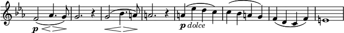 \relative c' \new Staff \with { \remove "Time_signature_engraver" } {
\key es \major \time 4/4
f2\p\<( aes4.\> g8\!) g2. r4 g2\<( bes4.\> a8\!) a2. r4
a_\markup{ \dynamic p \italic dolce}( es' d c) c( bes a g) f( d c f) e1 }