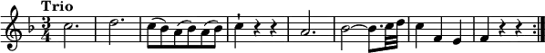 \version "2.18.2"
\relative c'' {
\key f \major
\time 3/4
\tempo "Trio"
\tempo 4 = 142
c2.
d
c8 (bes) a (bes) a (bes)
c4-! r r
a2.
bes2~ bes8. c32 d
c4 f, e
f r r \bar ":|."
}