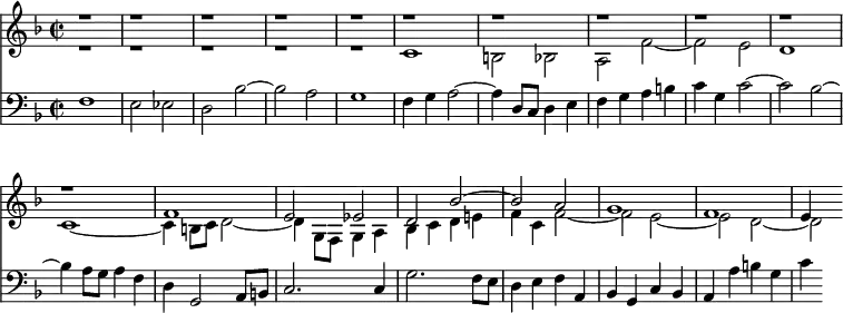  
{ 
<< << 
\new Staff { \clef treble \key f \major \tempo 4=120 \set Staff.midiInstrument = "flute" {
      \set Score.tempoHideNote = ##t
      \override Score.BarNumber  #'transparent = ##t 
      \time 2/2
      \relative c
      << { r1 | r | r | r | r | %5
        r | r | r | r | r | %10
        r | f'1 | e2 es | d bes'~ | bes a | %15
        g1 | f | e4 } \\ { r1 | r | r | r | r | %5
        c1 | b2 bes | a f'~ | f e | d1 | %10
        c1~ | c4 b8 c d2~ | d4 g,8 f g4 a | bes c d e! | f c f2~ | %15
        f e2~ | e d2~ | d } >>
    }
  }
\new Staff { \clef bass \key f \major \set Staff.midiInstrument = "flute" {
     \relative c
     { f1 | e2 es | d bes'~ | bes a | g1 | %5
       f4 g a2~ | a4 d,8 c d4 e | f g a b | c g c2~ | c bes~ | %10
       bes4 a8 g a4 f | d g,2 a8 b | c2. c4 | g'2. f8 e | d4 e f a, | %15
       bes g c bes | a a' b g | c
     }
    }
  }
>> >>
}
