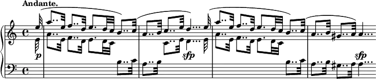 \relative c'' {
\new PianoStaff <<
\new Staff = "R" { \key a \minor \time 4/4 \set Score.tempoHideNote = ##t \tempo "Andante." 2=86 \partial 32
\stemUp e32^( a8.. e32 f8.. d32 e8. d32 c b8..) c32^( a8.. b32 c8.. e32 d4...) e32^(
a8.. e32 f8.. d32 e8. d32 c b8..) c32^( a8.. b32 gis8.. a32) a4...
}
\new Dynamics {
s32\p s1 s2 s4\sfp s s1 s2 s4\sfp s
}
\new Staff = "L" { \key a \minor \time 4/4 \clef bass \partial 32
\change Staff = "R" \stemDown e32 a8.. e32 f8.. d32 e8. d32 c \change Staff = "L" b8.. c32
a8.. b32 \change Staff = "R" c8.. e32 d4... e32
a8.. e32 f8.. d32 e8. d32 c \change Staff = "L" b8.. c32
a8.. b32 gis8.. a32 a4...
}
>>
}