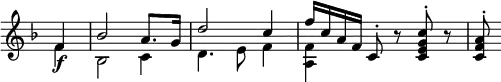 \relative c' \new Staff \with { \remove "Time_signature_engraver" } { \key f \major \time 3/4 \set Score.tempoHideNote = ##t \tempo "" 4=108 \partial 4
<<
{ f4\f bes2 a8. g16 d'2 c4 f16 c a f c8-. b'\rest <c g e c>-. b\rest <a f c>-. }
\\
{ f4 bes,2 c4 d4. e8 f4 <f a,> s2 s8 }
>>
}